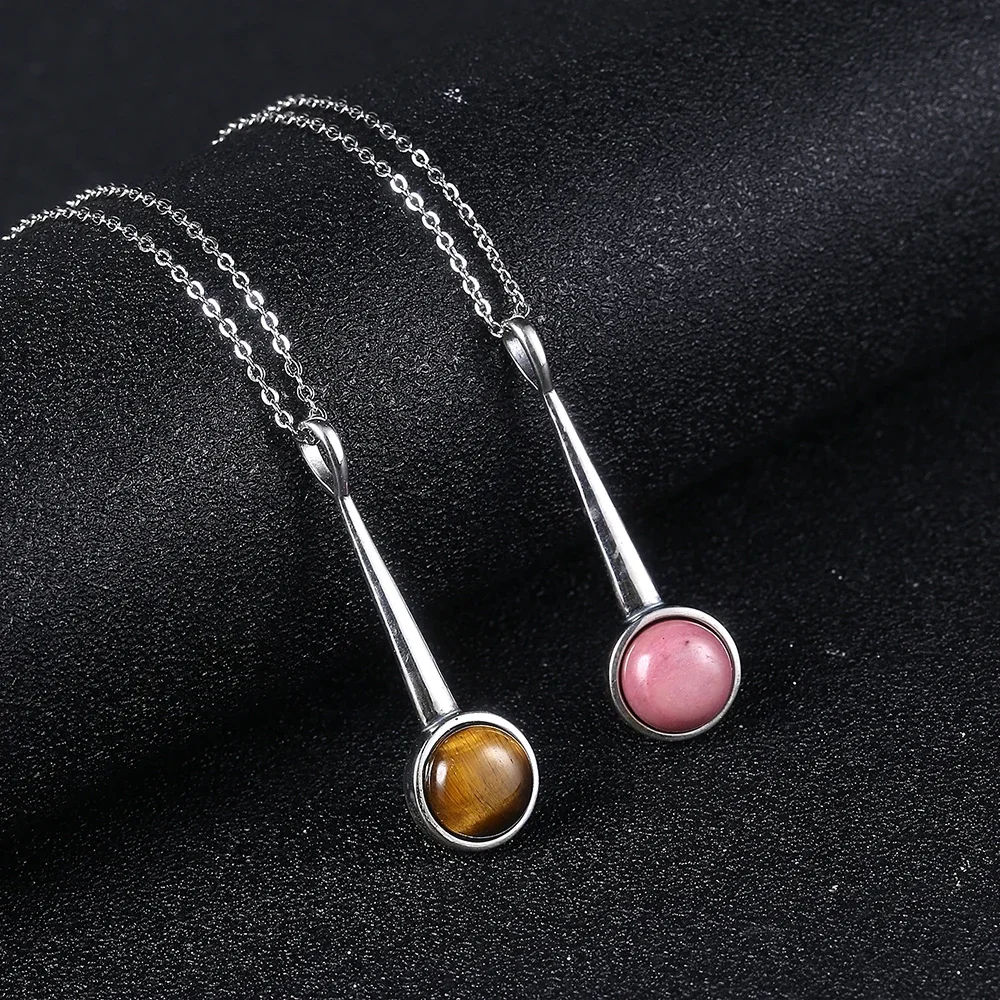 925 Sterling Silver Long Pendant Necklace Natural Tiger Eye Rhodochrosite Necklace for Women Wedding Engagement Gifts Jewelry