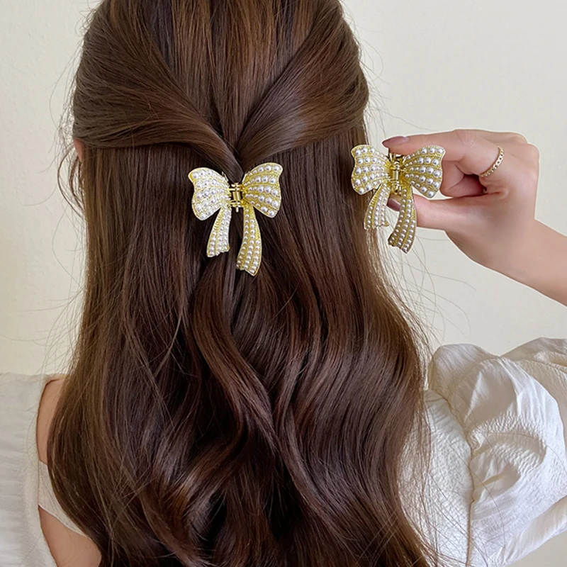 

Mini Pearl Hair Claw Clip for Women Pearl Bowknot Hairpins Metal Hair Accessories Geometric Hollow Barrette Crab Crystal Clip
