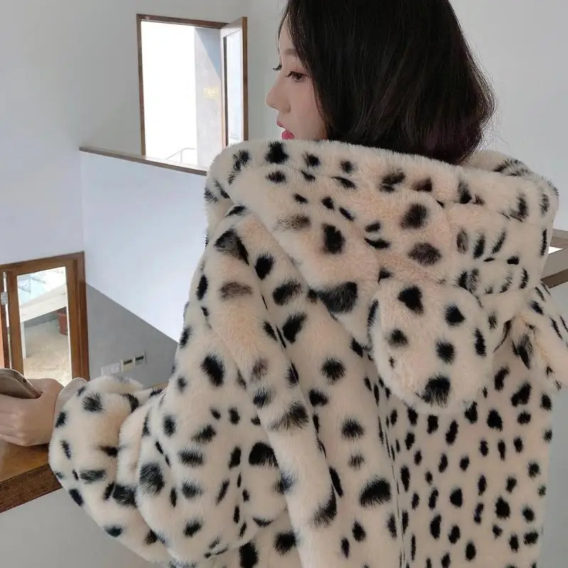 Kawaii Winter Women Faux Fur Coat Leopard Print Plush Hooded Jacket Fashion Cute Sweet Soft Thick Warm Outwear Streetwear 2023