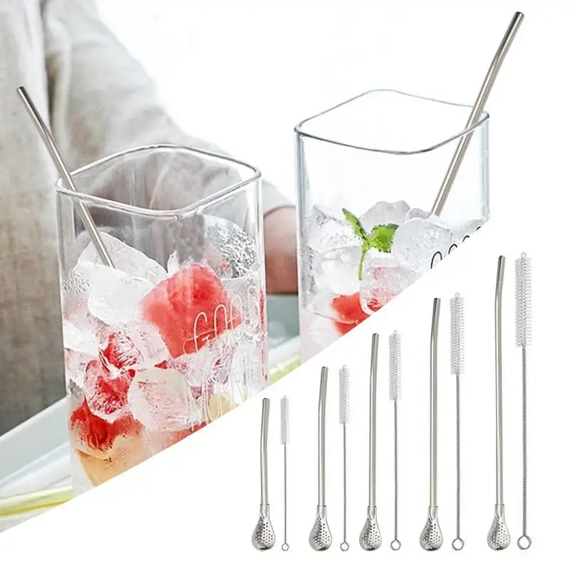 

Straw Spoon Stainless Steel Straw Filter Spoon With Cleaning Brush Multifunctional Reusable Metal Straw Spoon Cocktail Stirrer