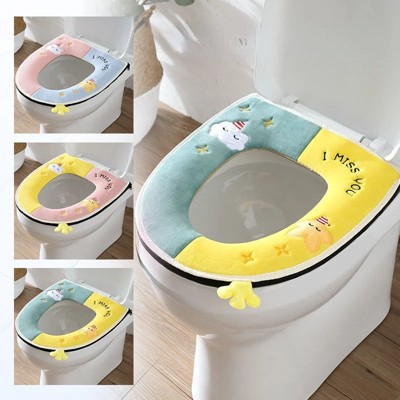 【Happier】 Cute Cartoon Bathroom Toilet Seat Cover Universal Thickened Plush Toilet Cushion Overcoat Zip Toilet Case Mat Household Supplies. 