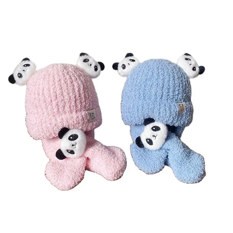 

Doitbest 2023 Winter Boys Girls Warm Beanies New Born Scarf Hat Set Coral velvet Cartoon Panada Baby Kids Scarves Hats