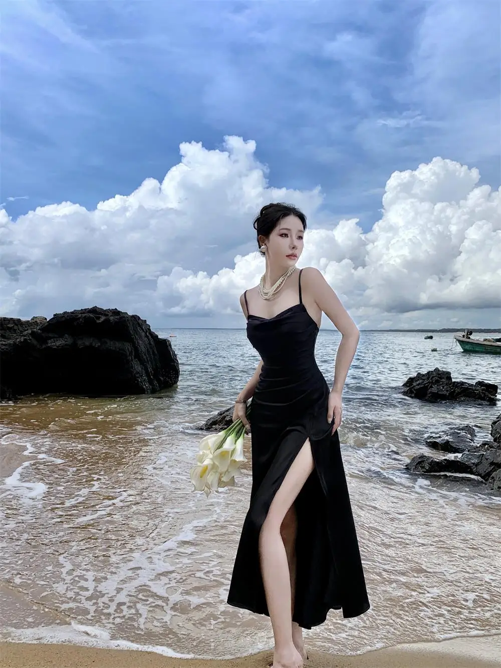 Sexy Satin Black Dress Women Spaghetti Strap New Summer High Split Backless Beach Slim Mermaid Evening Party Dresses Prom Robe