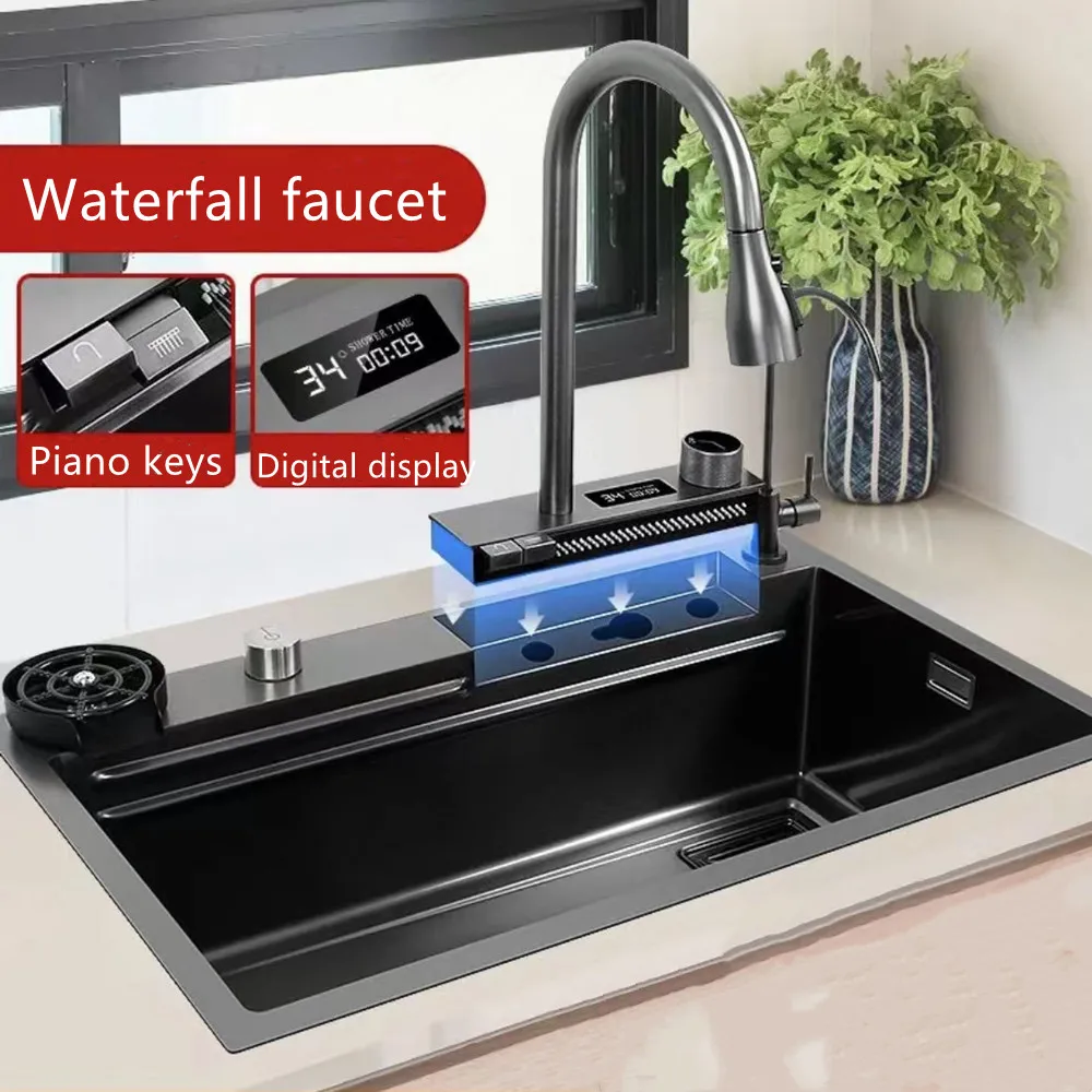 

304 Stainless Steel Black Nano Kitchen Sink Multi-Function Digital Display Waterfall Sink Large Size Slot with Knife Rest