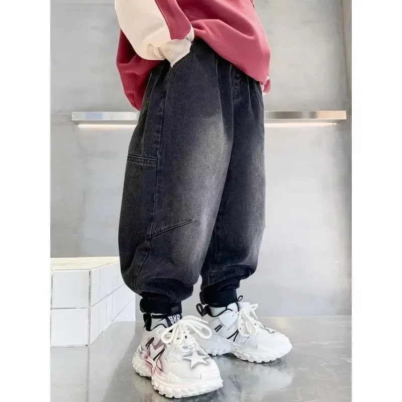 남아 및 아동용 두꺼운 따뜻한 청바지, 어린이 긴 바지, 한국 스타일, 십대 바지, 가을 및 겨울 패션, 2024 신상