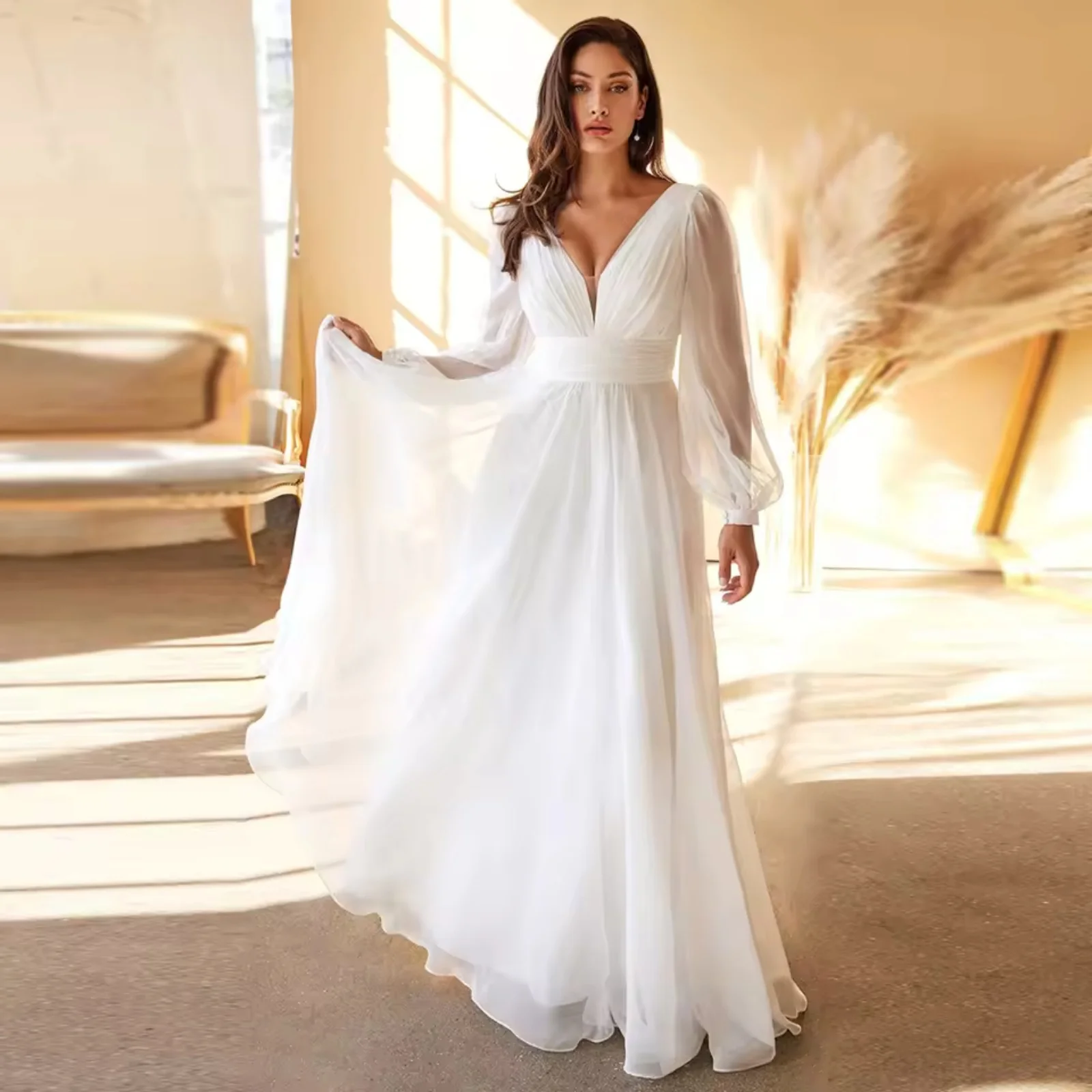 Simple Wedding Dresses for Bride V Neck Long Sleeve Chiffon Wedding Dress Simple Bridal Growns Floor-Length Vestidos De Novia