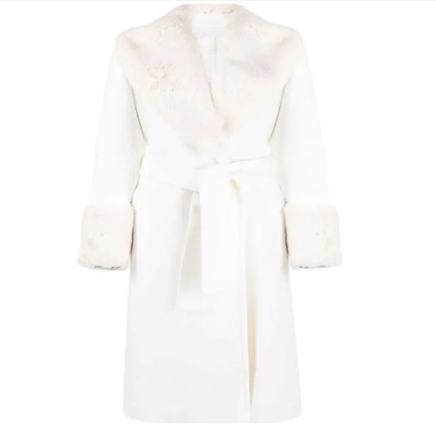 

Autumn Winter New Fashion fur collar Wool Blends Overcoat Women temperament White Belted Split Long Coat