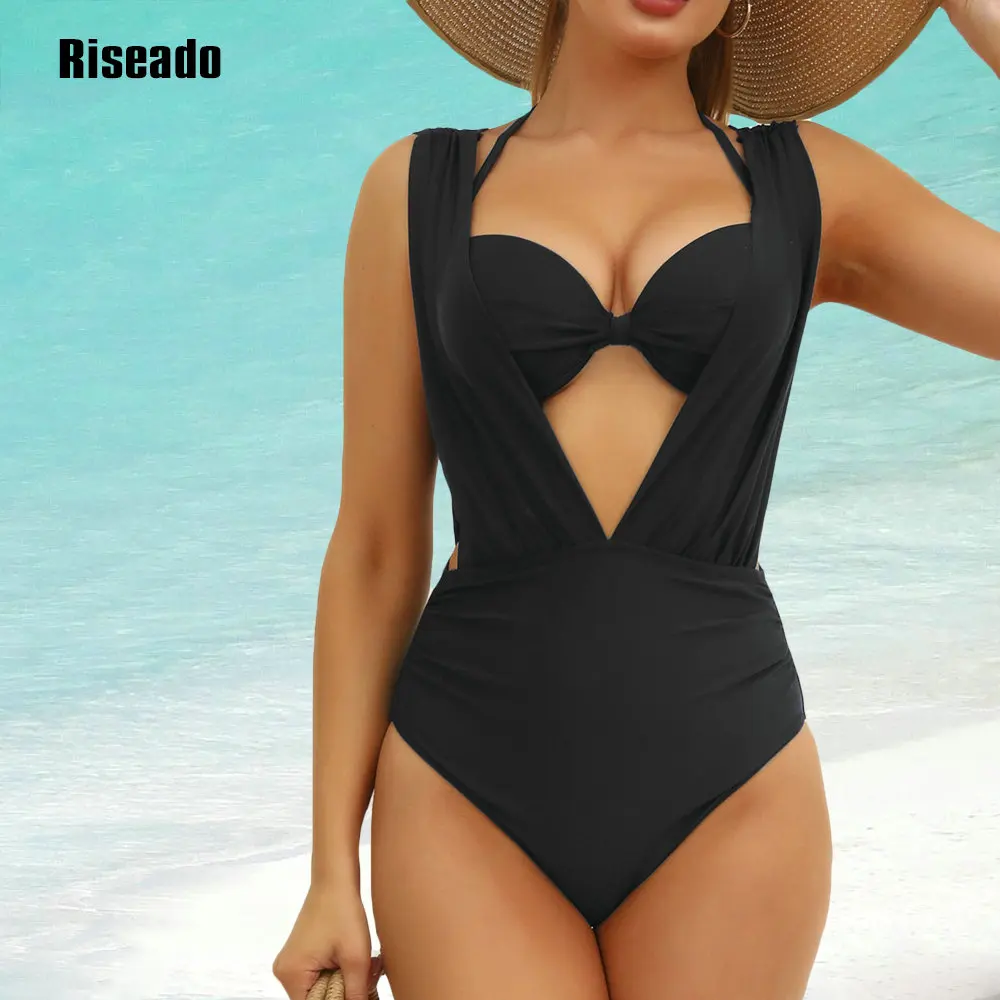 Riseado Sexy Push Up Plunge One Piece Swimsuit Cut Out Brazilian Bathing Suit Underwire Bra Separate Top Black Monokini one piece swimsuit