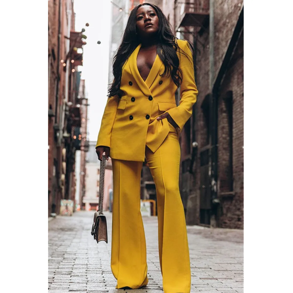 

Fashion Yellow Mother of the Bride Suits Double Breasted Women Ladies Plus Size Office Tuxedos Formal Work Wear For Wedding