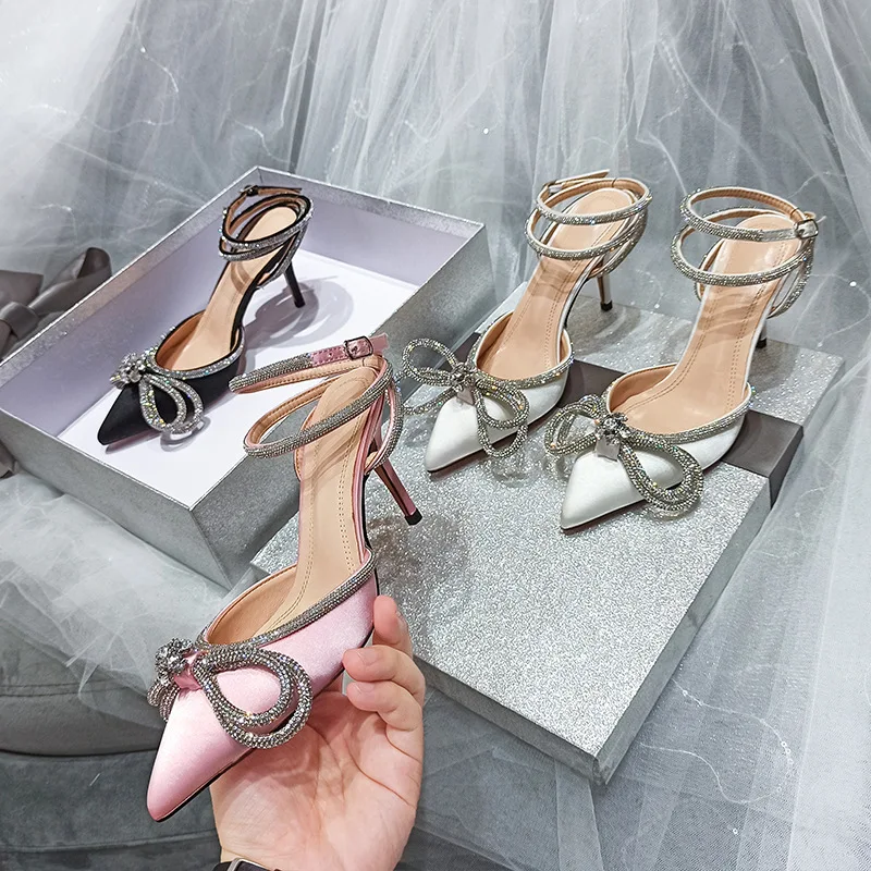 

2023 New Pointed Toe Women's Sandals European and American Bow Rhinestone Stiletto High Heels
