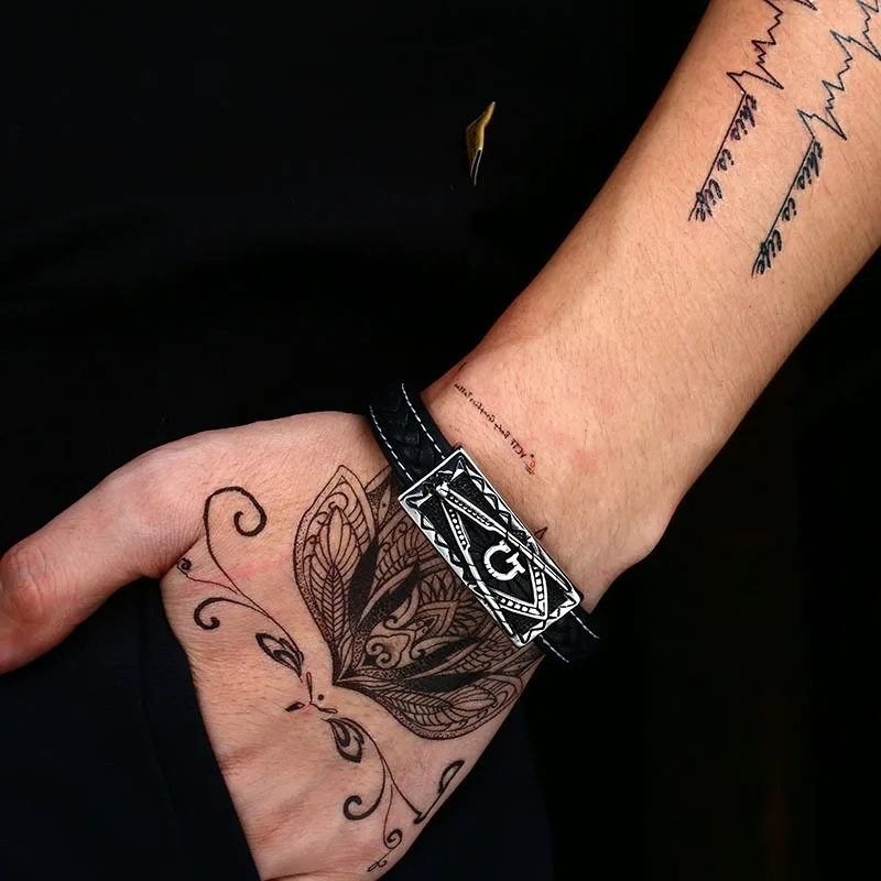 Vintage Men's Masonic Stainless Steel Freemason Genuine Leather Bracelet Cuff Jewelry Accessories