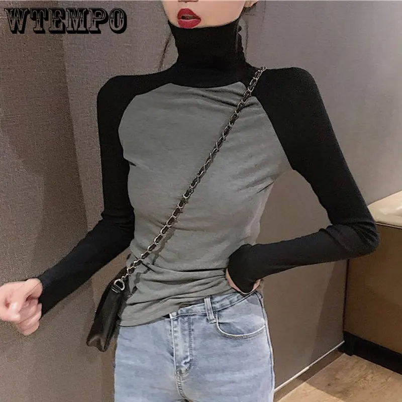 

WTEMPO High-neck Bottom Shirt Women's Korean Vintage Pile Neck Long-sleeved Slim T-shirt Versatile Thin Temperament Top