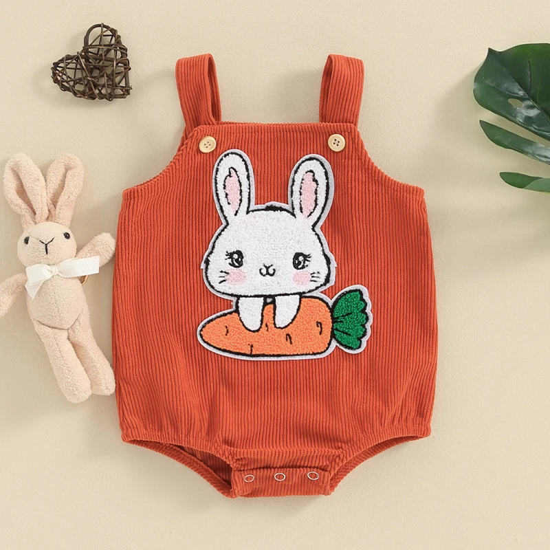 

2023-12-26 Lioraitiin 0-18M Baby Girls Boys Romper Sleeveless Embroidery Bunny Carrot Bodysuit Overalls Easter Clothes