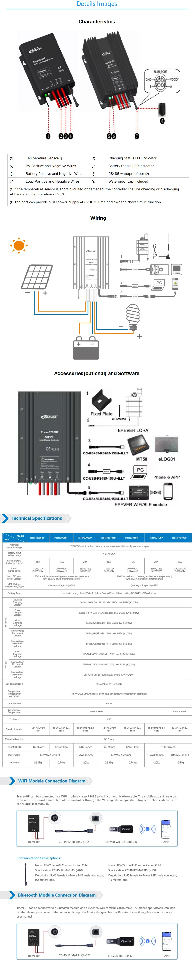 EPEVER Tracer2606BP With 2.4G RJ45 D 10A Solar Charger Controller Lithium Batter