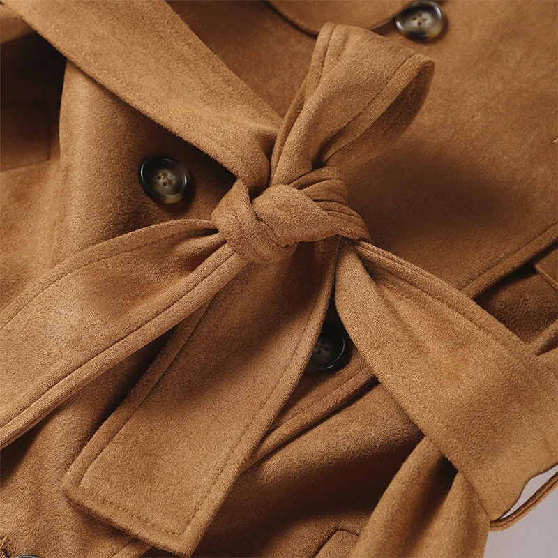 Elegant Suede Long Trench Coat Women Belt Double Breasted Full Sleeve Brown Windbreaker Autumn Lady Street Outwears New