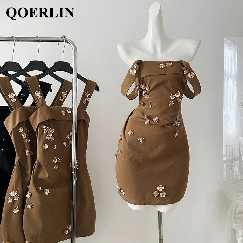 

QOERLIN Women Summer Luxury Birthday Dresses Sequins Beach Tank Sleeveless Mini Dress Female Casual Vestidos Trendy Black Khaki