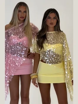 Asymmetric Sequin Mesh Cape 3 Piece Set Bralette Lining Top Ruched Mini Skirt 2026 Summer Sweet Party Set Glittery Lady Outfits 1
