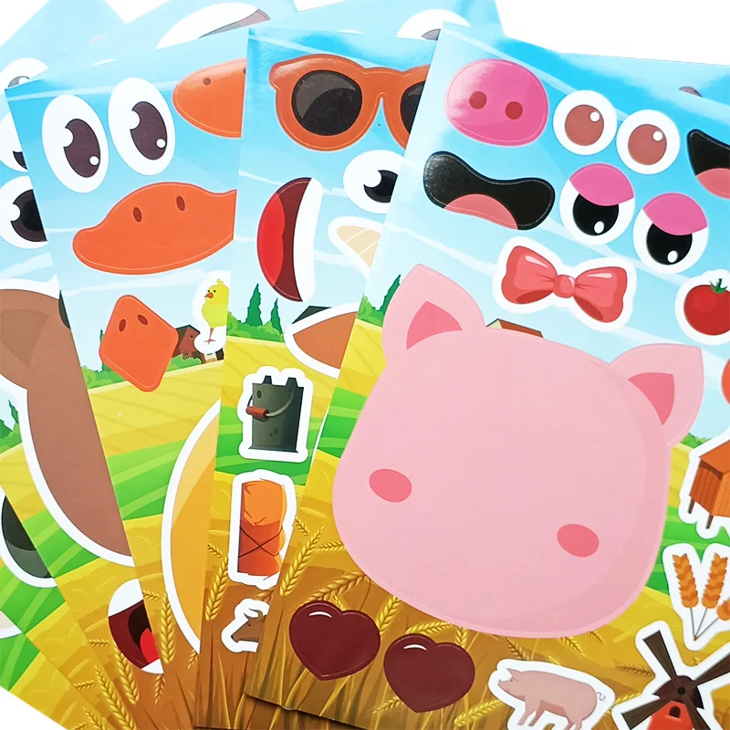 6 Sheets/Set Farm Animals Assembled Sticker Kids DIY Make Animal Facial Expression Stickers Creative Toys Gift 5
