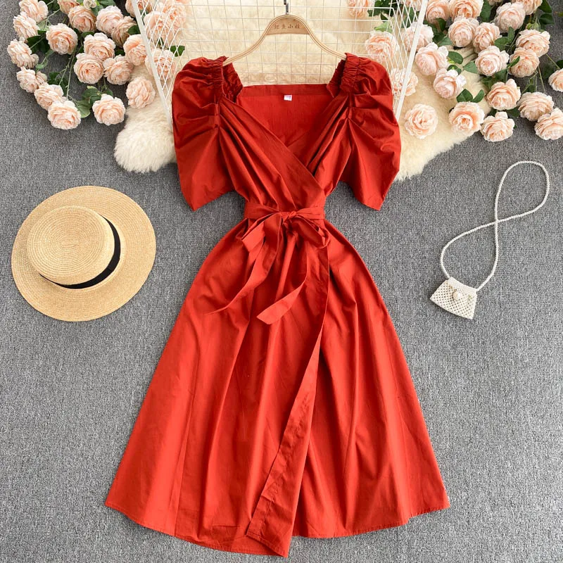 

New Korean Version of the Ageing Bubble Sleeve Retro One-piece Wrap Mid-length Dress
