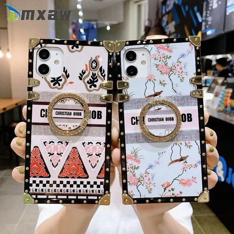 Luxury Flower Geometric Pattern Square Leather Phone Case For iPhone 14 PRO  MAX 13 15 PRO 12 11 X XS XR 7 8 14 Plus Soft Cover