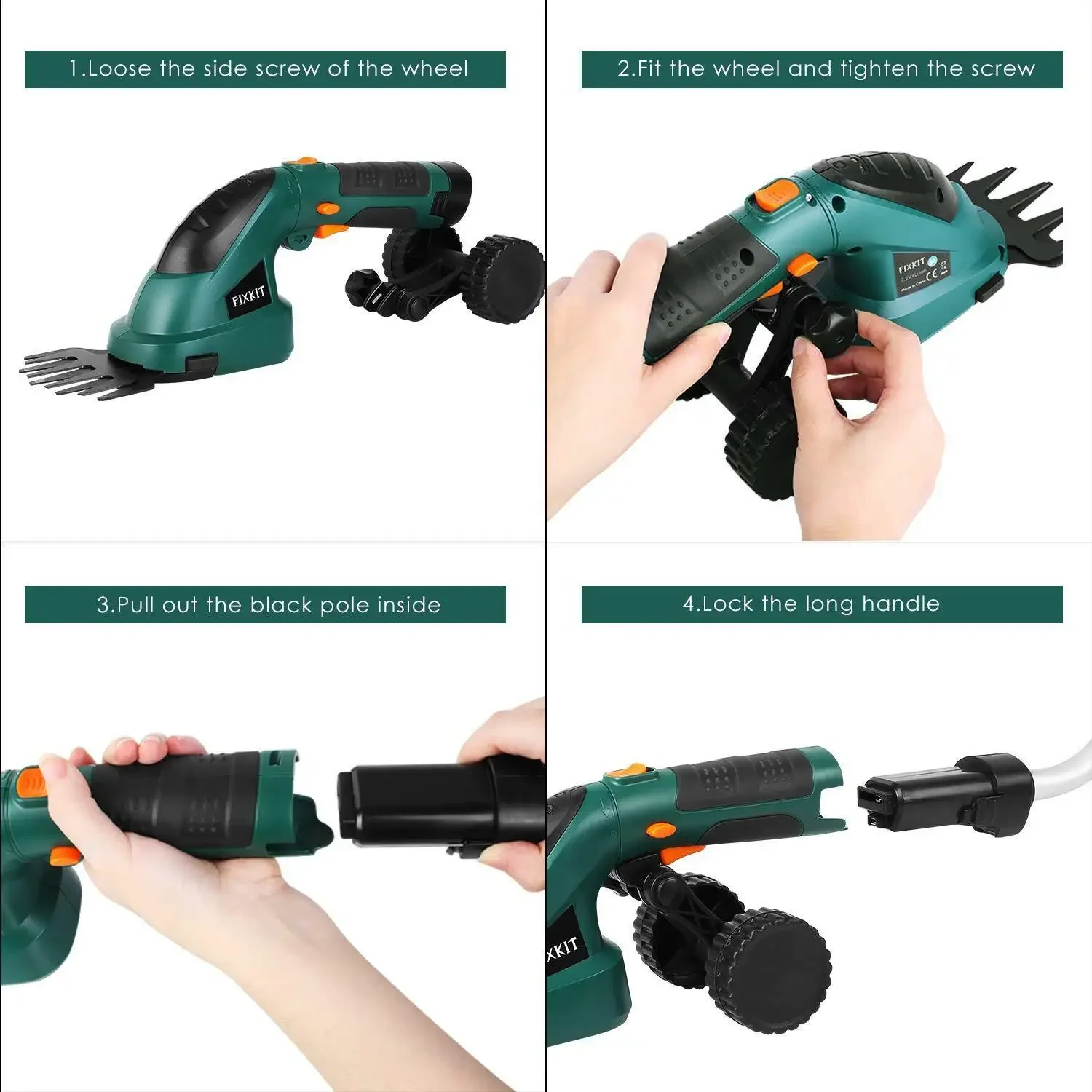 7.2V Electric Hedge Brush Trimmer Telescopic Handle Cordless 2-in-1 Grass Shear + Hedge Trimmer w/Extension Pole