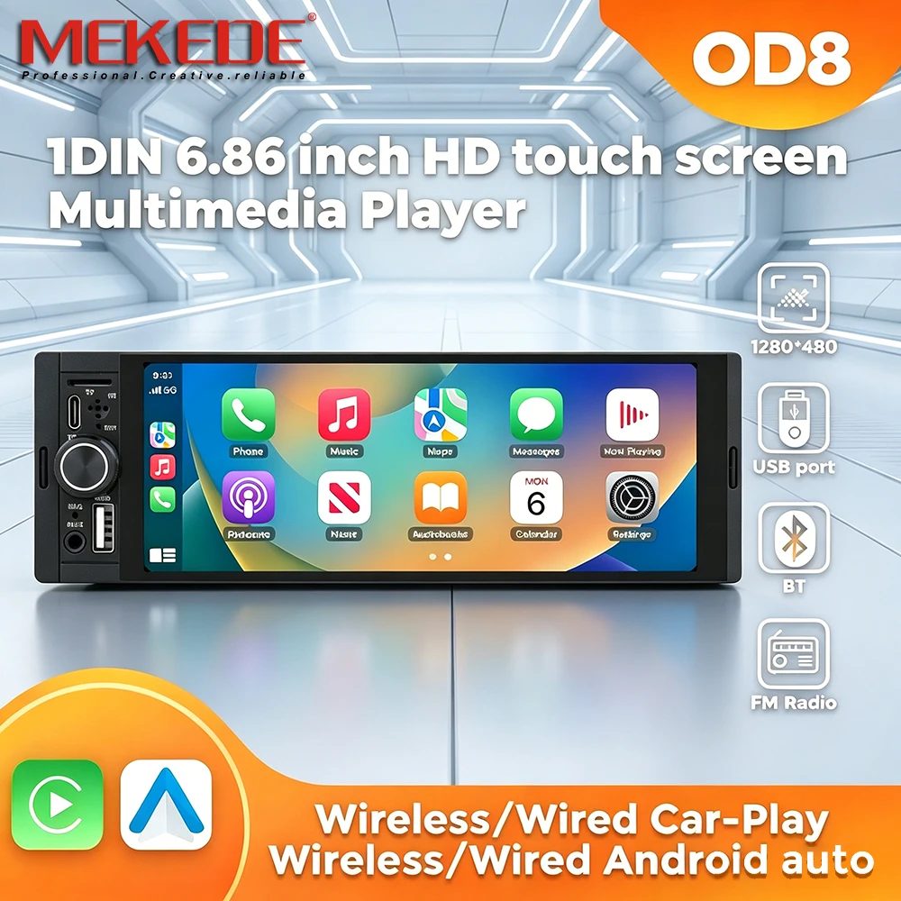 MEKEDE OD8 Reproductor de radio estéreo para coche MP5 universal de 6,86 pulgadas con CarPlay inalámbrico, Android Auto, pantalla táctil IPS de 1280×480, navegación GPS, Bluetooth, FM, MIC, AUX, USB tipo C y ranura para tarjeta TF – Sistema de vídeo multimedia para coche 1