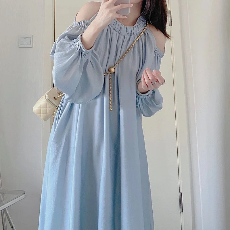 

Sweet Loose Folds Off Shoulder Lantern Sleeve Long Dress Female Clothing 2023 Spring Summer New Korean Asymmetrical Sexy Dress