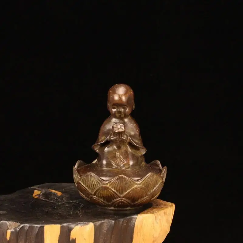 

Collectable Chinese Purple Copper Carved Buddhism Little Monk Incense Stick Exquisite Small Statues