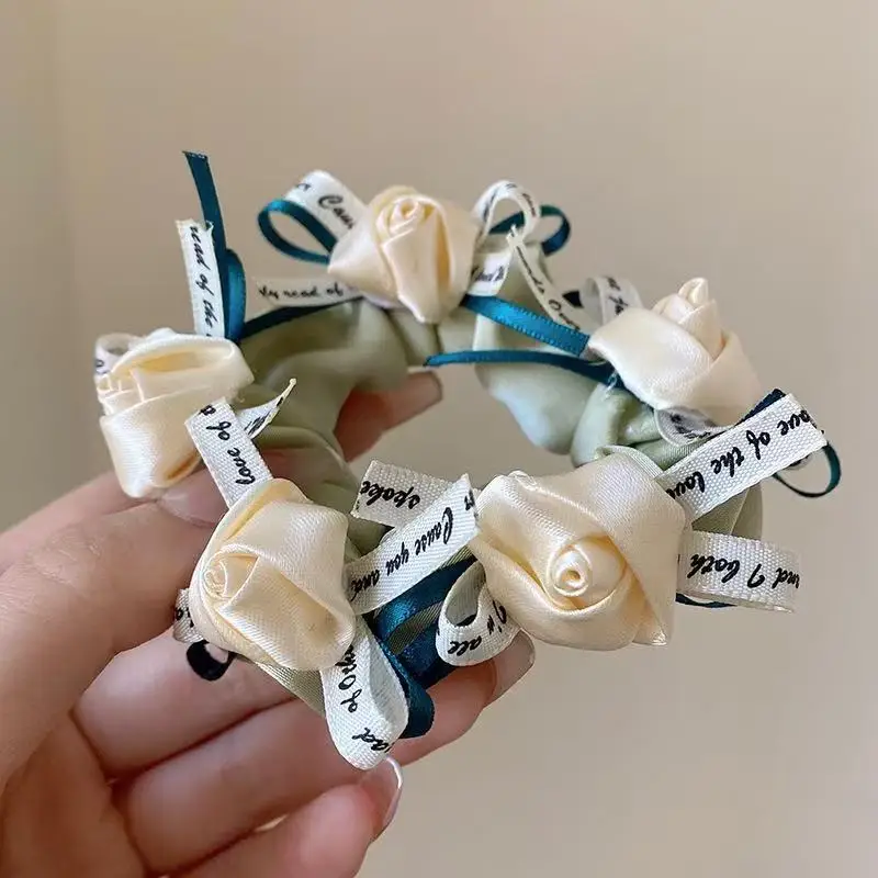 1 Stück Super Fairy Rose Ribbon Bow Dickdarm-Haarband, elegantes Dutt-Kopfhaut-elastisches Haarband High-End-Haarband – Detail 7