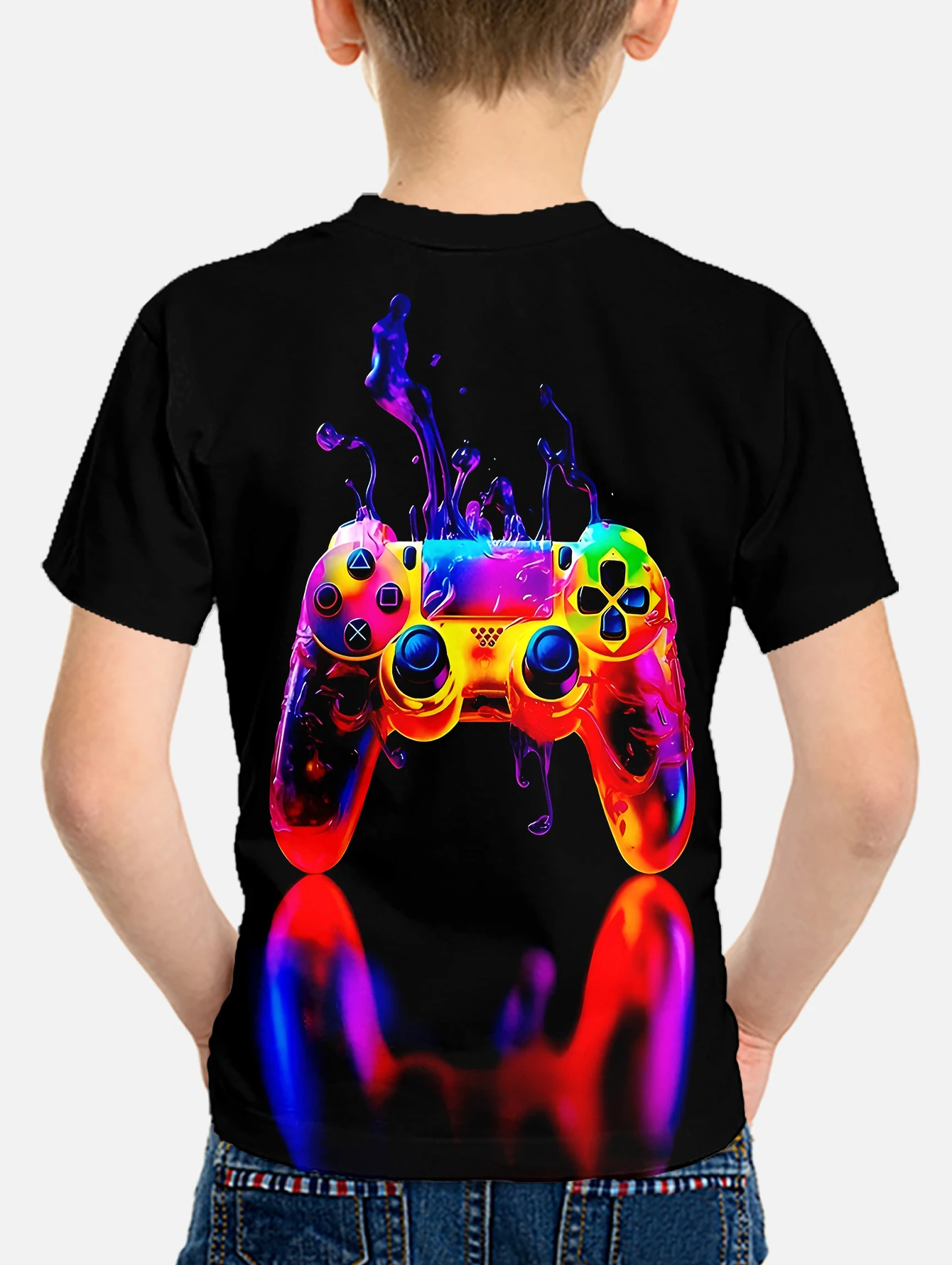 Boys'Color gaming console summer round neck short sleeved T-shirt, casual lightweight and comfortable top, 3D printed