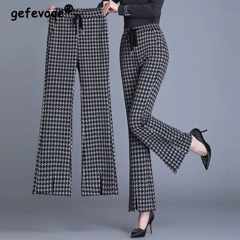 Thousand Bird Check Women's Trousers Thick Black Drawstring Elastic Waist Split Fork Knitting Pockets Long Pants Autumn Winter korean popular check imitation denim chiffon shirt top casual wide leg trousers two piece elegant women s pants set tracksuit