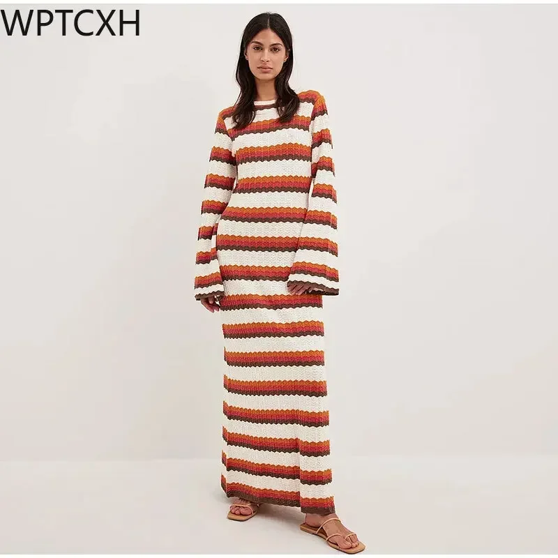 

2024 Summer Female Street VestidosWomen Elegant Striped Backless Knitted Maxi Dress Female Flare Long Sleeve O Neck Dresses