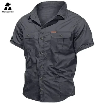 New Men's Work Shirt Casual Retro 100% Cotton Short Sleeve Flying Cargo Shirt Men's Summer Fishing Hunting Multi Pocket Shirt 1