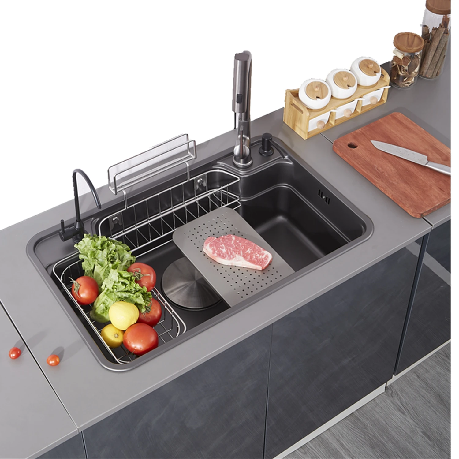 Kitchen Sinks Drop in Gray Japanese-Style Sink Single Bowl Sink with Hanging Basket, 304 Stainless Steel Workstation