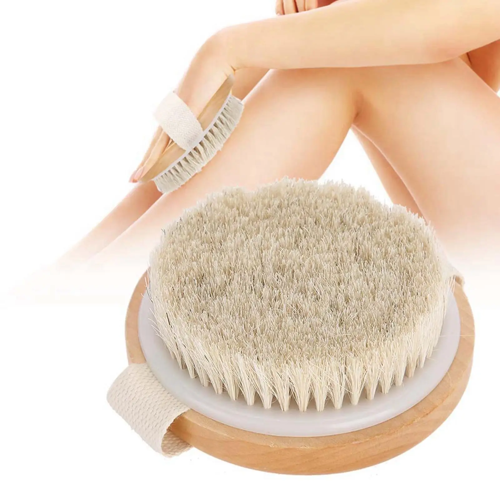 Natural Boar Bristle Dry Body Brush with Wooden Handle & Back Strap for Exfoliating Skin &ndash; Ideal for Wet & Dry Use