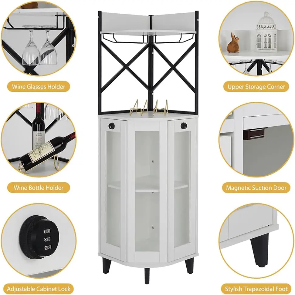 Corner Wine Cabinet with Lockable Glass Door & LED Light, 4-Tier Liquor Bar Unit, Modern Farmhouse Home Bar