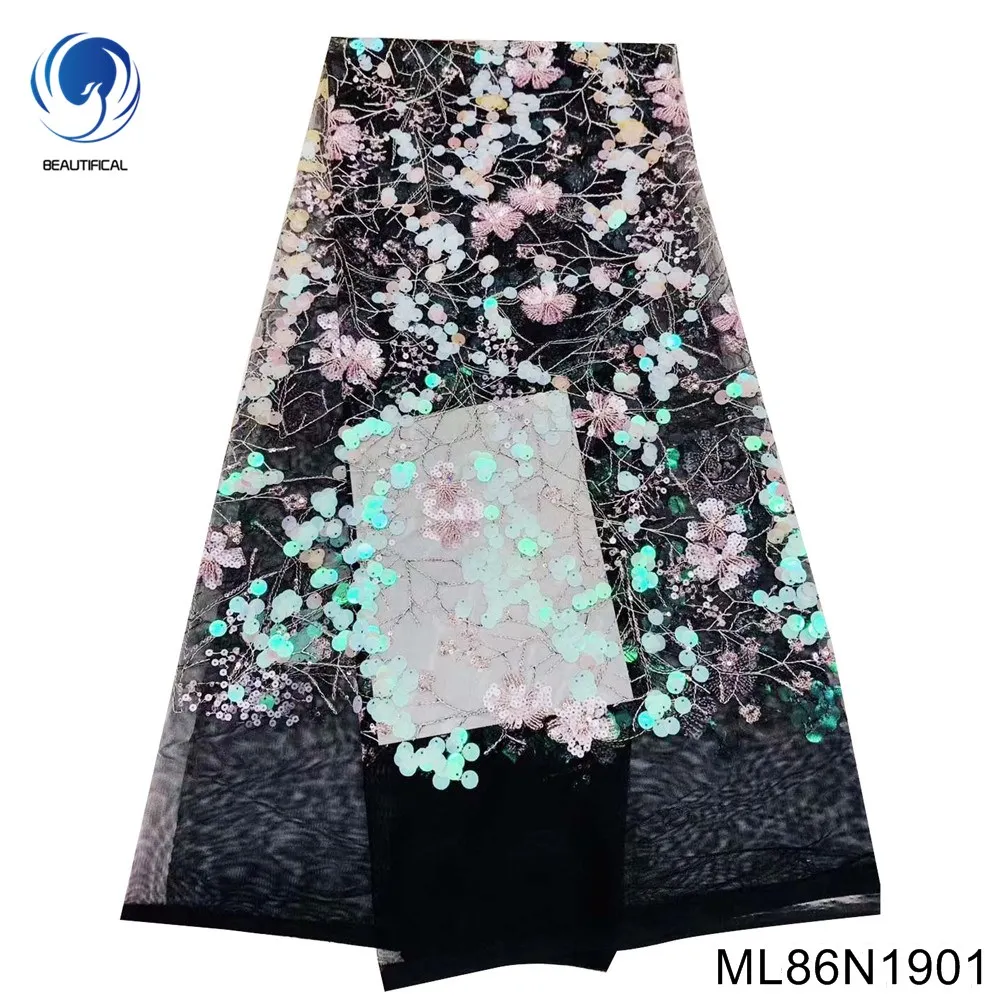 

Classic Black Couture Materiel Accessoires Big Colored Sequins with French Tulle Lace Fabric for Party Dress ML86N19