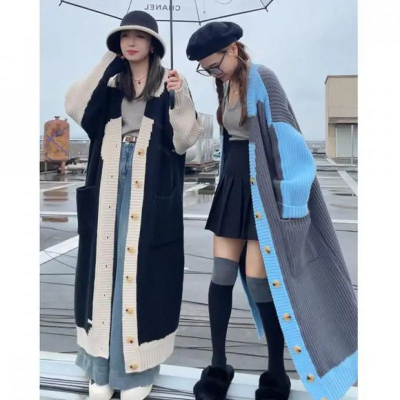 

GetSpring Women Sweater Fashion Patchwork Single Breasted Knitted Cardigan Loose Long Casual Knitwear All Match Coat Autumn 2023