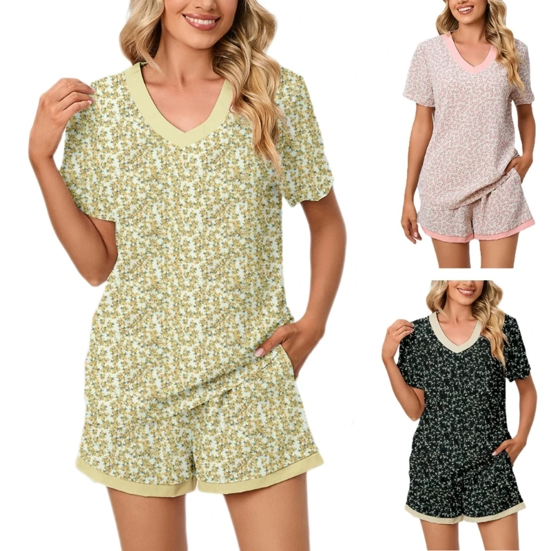

Womens Short Sleeve Sleepwear Soft Pajamas V-neck Tops Loungewear Shorts Set
