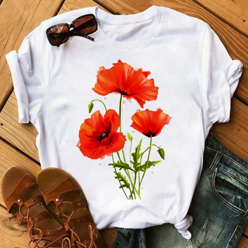 

Red Poppy Women T Shirt Casual Funny Tshirts Woman Clothes Kawaii Tees Top Hipster Tumblr Female Harajuku Short Sleeves Shirts