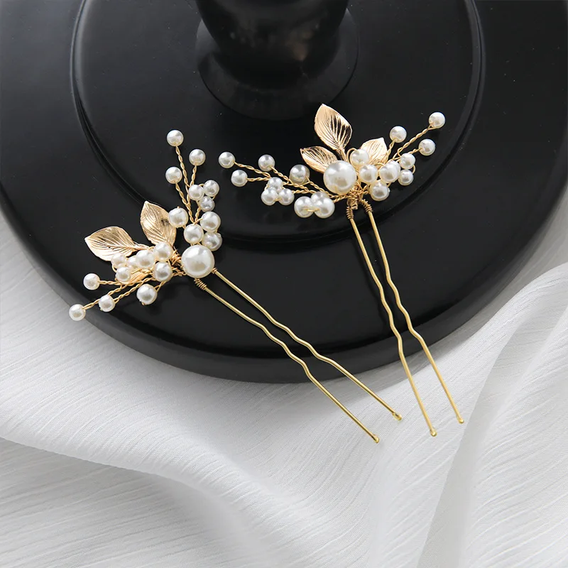 SLBRIDAL 핸드메이드 합금 꽃잎 모양 라인스톤 크리스탈 진주 브라이덜 헤어핀 세트 웨딩 헤어 악세사리 여성 헤어 장식