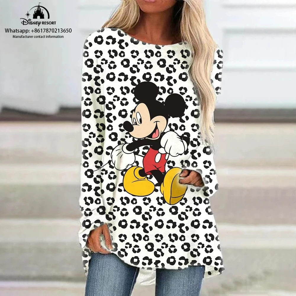 

Женская футболка с круглым вырезом, длинным рукавом и леопардовым принтом