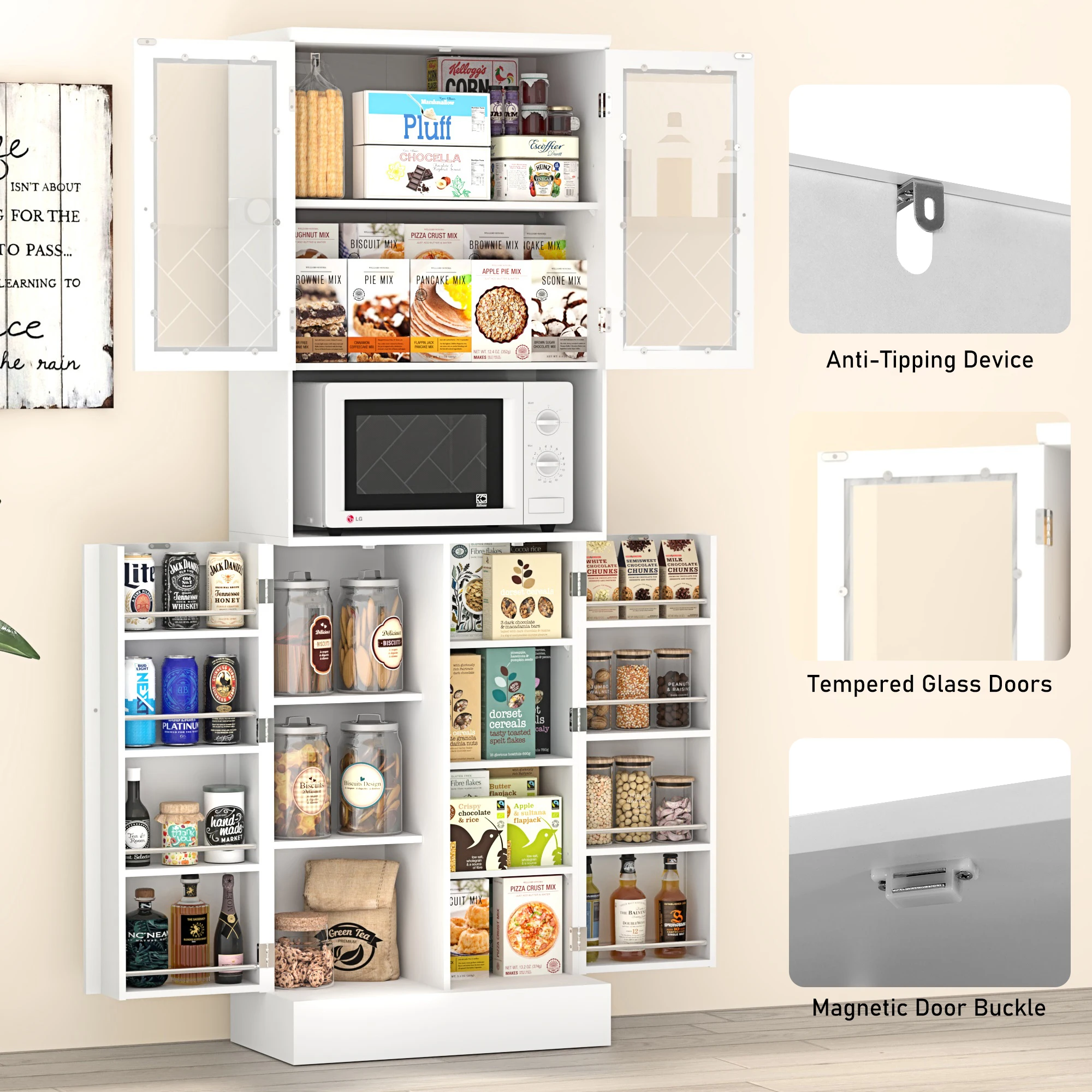 71&rdquo; Tall Freestanding Pantry Cabinet with Adjustable Shelves, Kitchen Pantry Storage Cabinet with Glass Doors & Microwave Stand