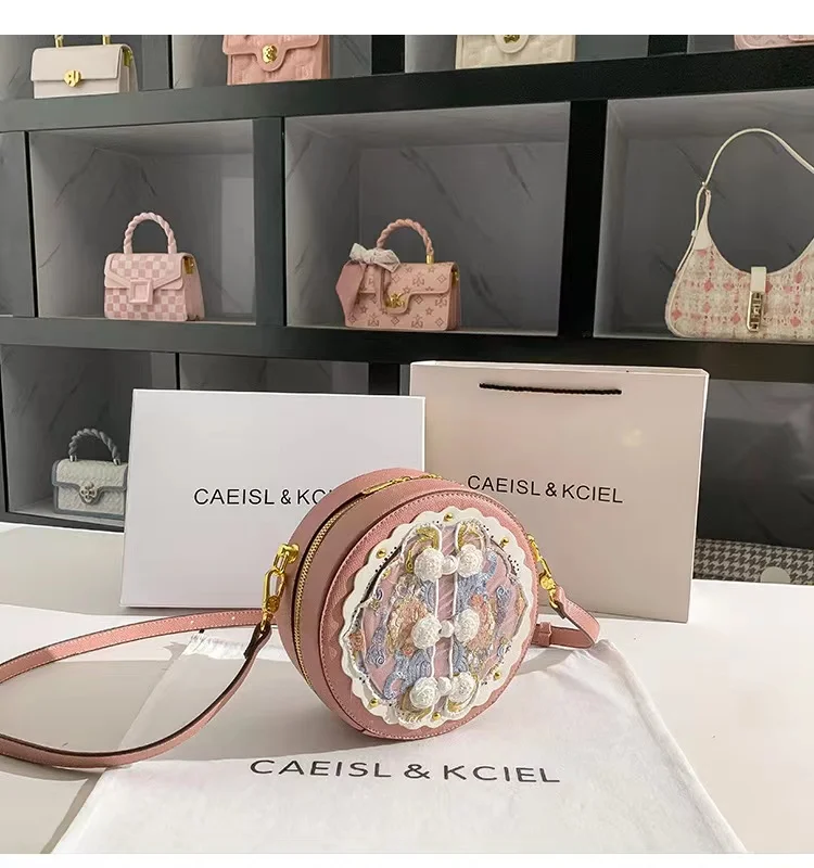 High Quality Women Fashion Lace Handbag Floral Pearl Beaded Embroidery Circular Bag Lady Purse Female Shoulder Crossbody Bag