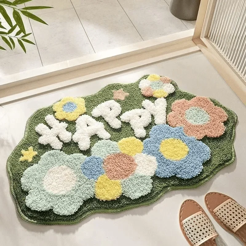 VIKAMA Frischer Blumen-Plüschteppich, rutschfest, verschleißfest, für Zuhause, Badezimmer, Türöffnung, dekorative Fußmatte, Heimdekoration – Detail 1