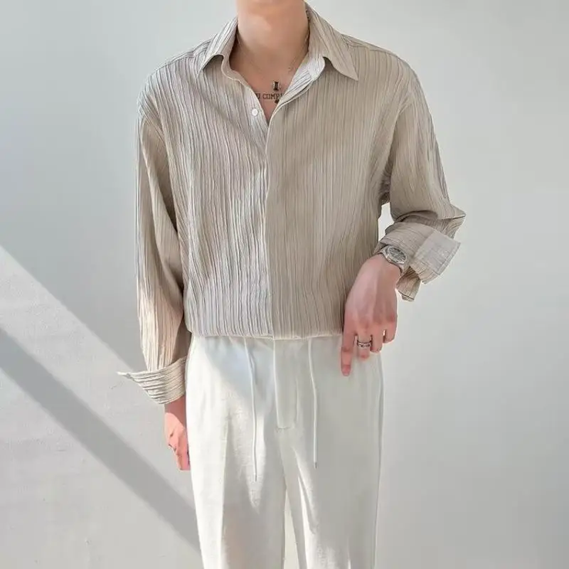Spring Autumn Men's Long Sleeve Shirt Loose Fitting Versatile Casual Top Handsome Striped Pleated Cardigan Shirt