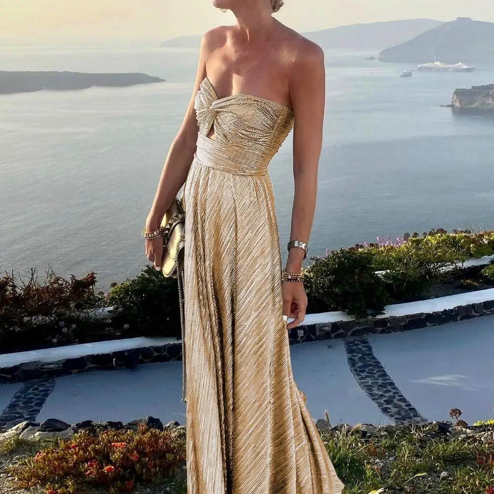 

Sexy Women Gown Dress Knot Chest Wrapping Off Shoulder Maxi Dress Summer Fashion Bronzing Backless Waist Tight Beach Party Dress