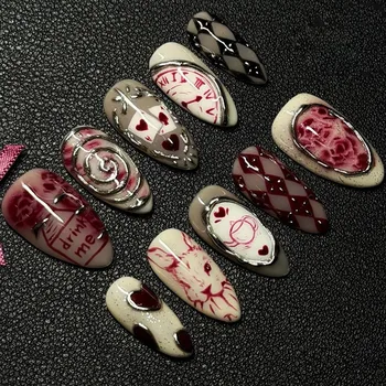 30pcs 3D Dream Rose Press on Nails Heart & Animal Wave Fake Nail Short Almond Full Coverage Nail for Women&Girl False Nail Art