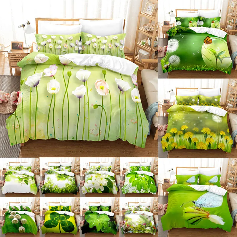 

Flower Duvet Cover Set 3pcs Bedding Set with Green Leaf Floral Rustic Print Pattern Soft Cover with 2 Pillow Shams Quilt Cover