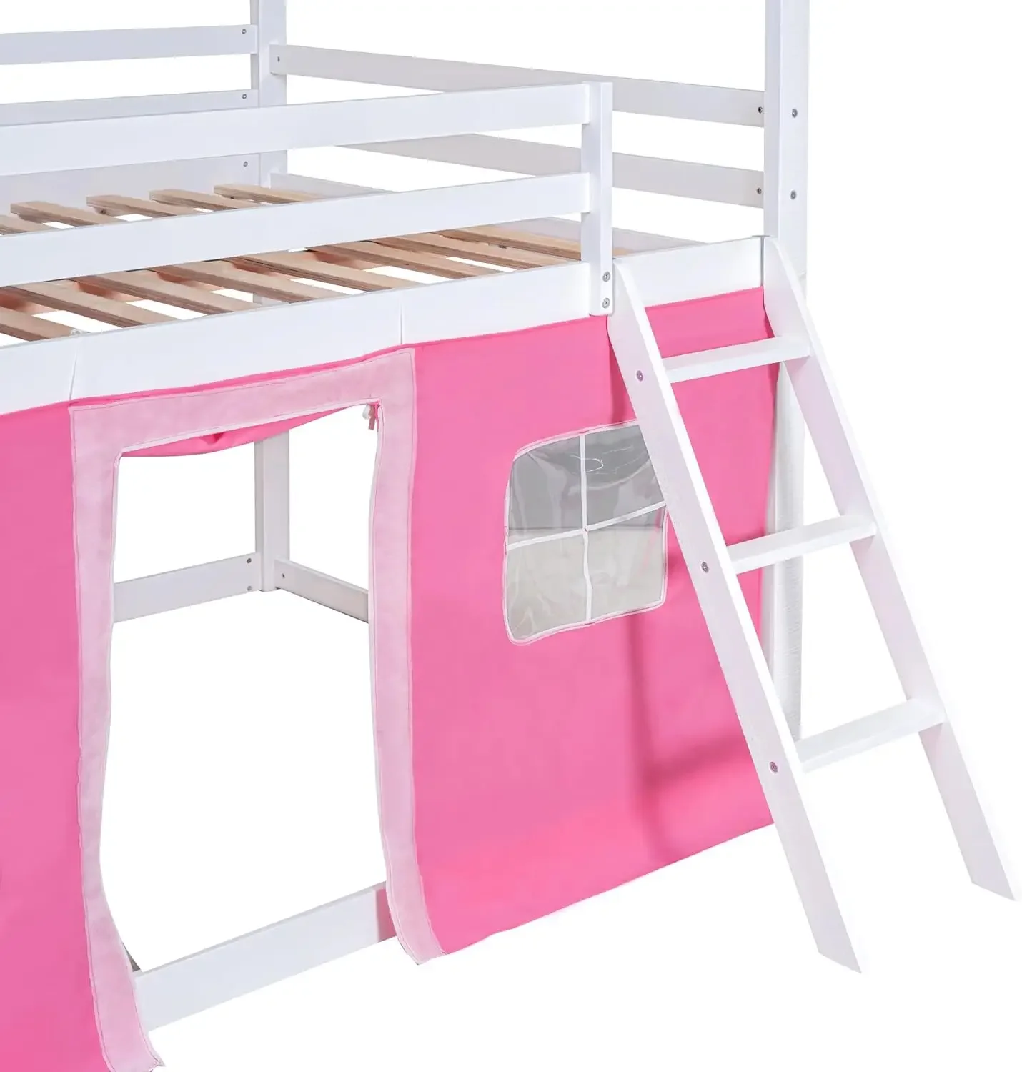 Twin Over Twin Bunk Wood House Bed with Elegant Windows, Sills and Tent, Pink+White 2025 Christmas gifts 6